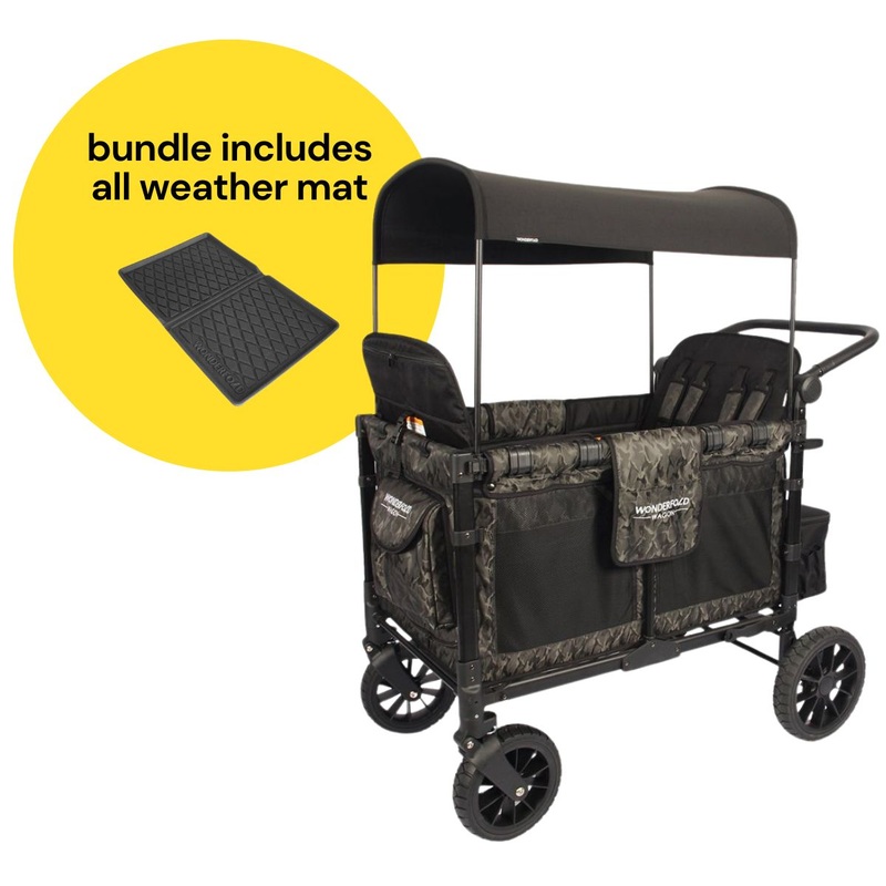 WonderFold W4 Luxe Multifunctional Quad (4 Seater) Stroller Wagon + All Weather Mat Bundle – Shadow Green Camo