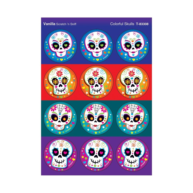 Colorful Skulls, Vanilla scent Scratch ‘n Sniff Stinky Stickers  Large Round
