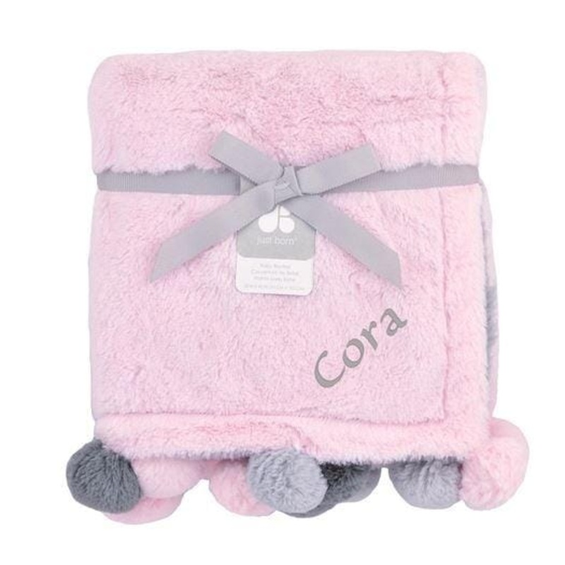 Embroidered Cuddle Plush Pom Pom Blanket in Pink