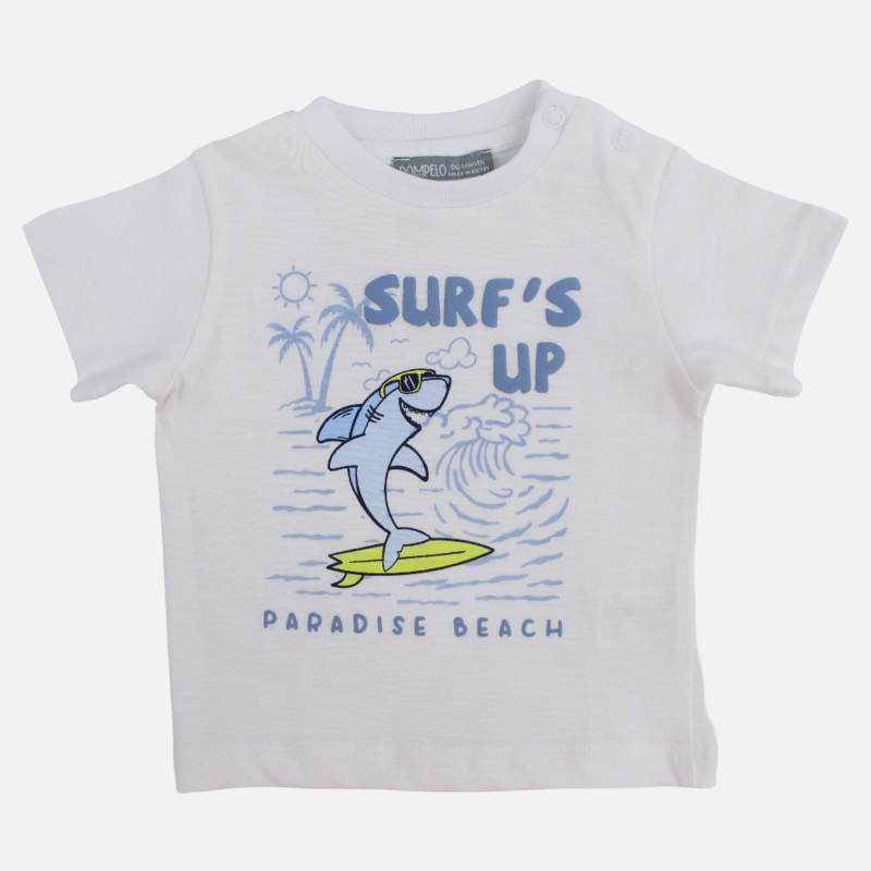Baby Boys Cotton T-Shirt  White with Surfing Shark Design