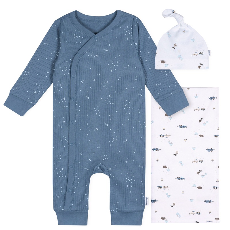3-Piece Baby Boys Road Trip Footless Pajamas, Swaddle, and Cap Bundle