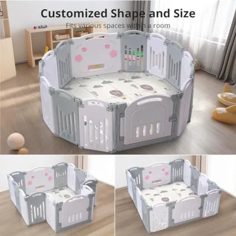 Foldable Baby Playpen, 14 Panels(Grey+White) (See Description)