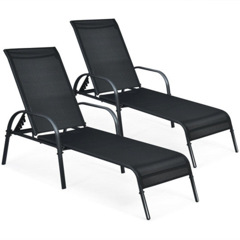 2 Pcs Outdoor Patio Lounge Chair Chaise Fabric With Adjustable Reclining Armrest