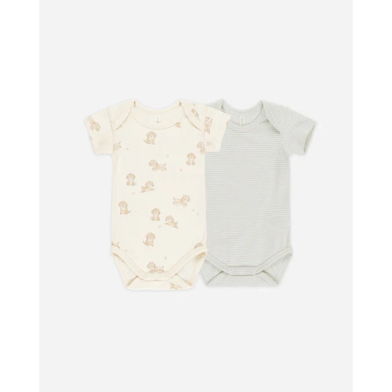 Short Sleeve Bodysuit, 2 Pack || Puppies, Blue Micro Stripe
