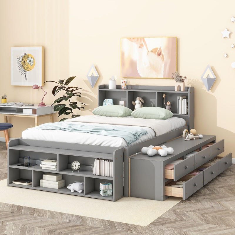 Bed With Bookcase Headboard, Under Bed Storage Drawers and Bed End Storage Case