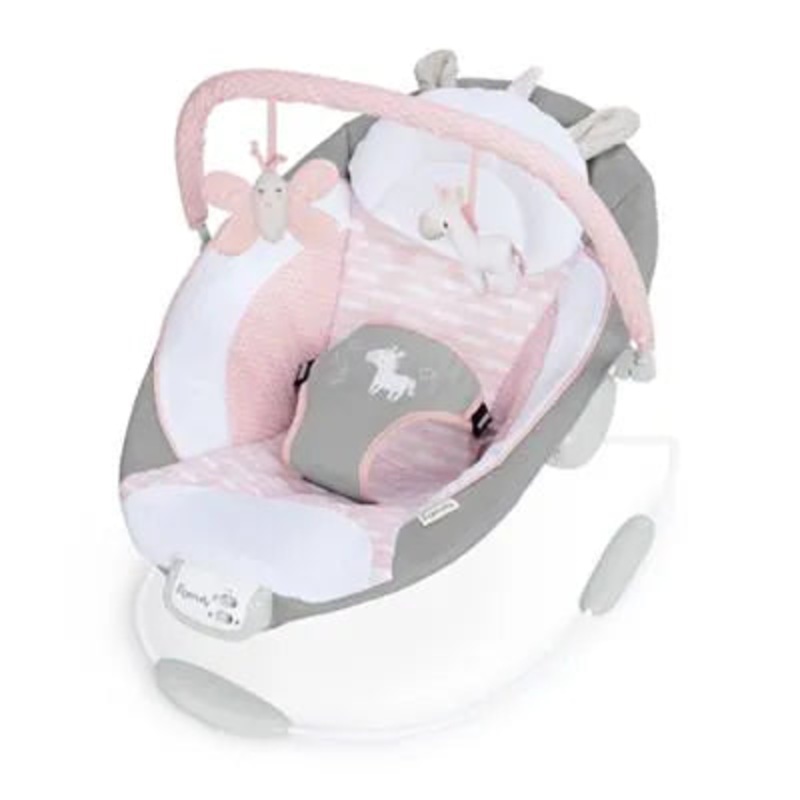 Ingenuity Soothing Baby Bouncer Infant Seat with Vibrations, -Toy Bar & Sounds, 0-6 Months Up to 20 lbs (Pink Flora the Unicorn) (See Description)