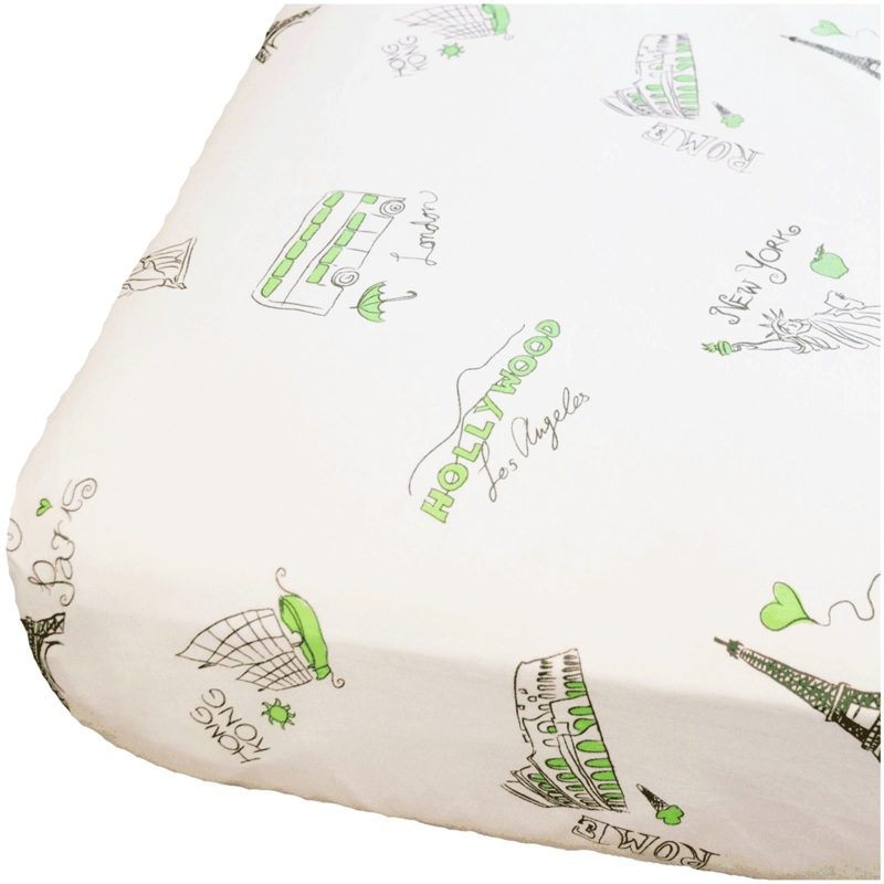 Oliver B Landmark Cities Around the World Crib Sheet in White, Mint & Grey