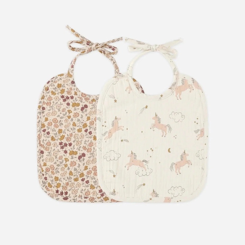 Quincy Mae – Organic Woven Tie Bib (2-pack) – Posy, Unicorns