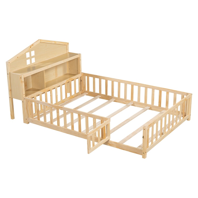 Full Size Montessori Floor Bed With Bookcases and Boards, Solid Wood Platform Bed With Guard Rails and Storage Headboards – Natural