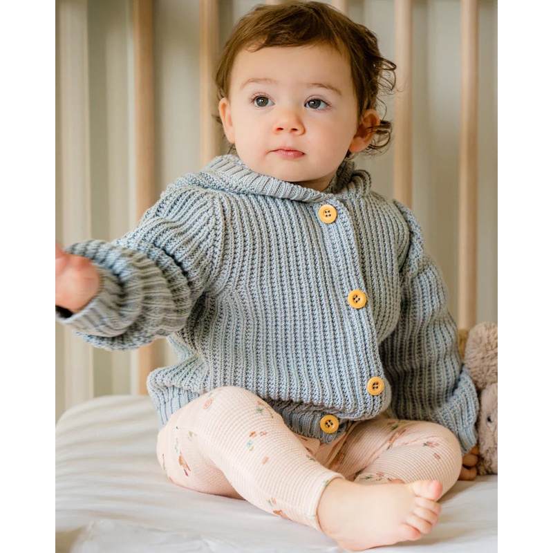 Waffle Knit Hooded Cardigan – Pearl Blue