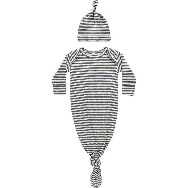 Quincy Mae Knotted Baby Gown + Hat Set | Indigo Stripe