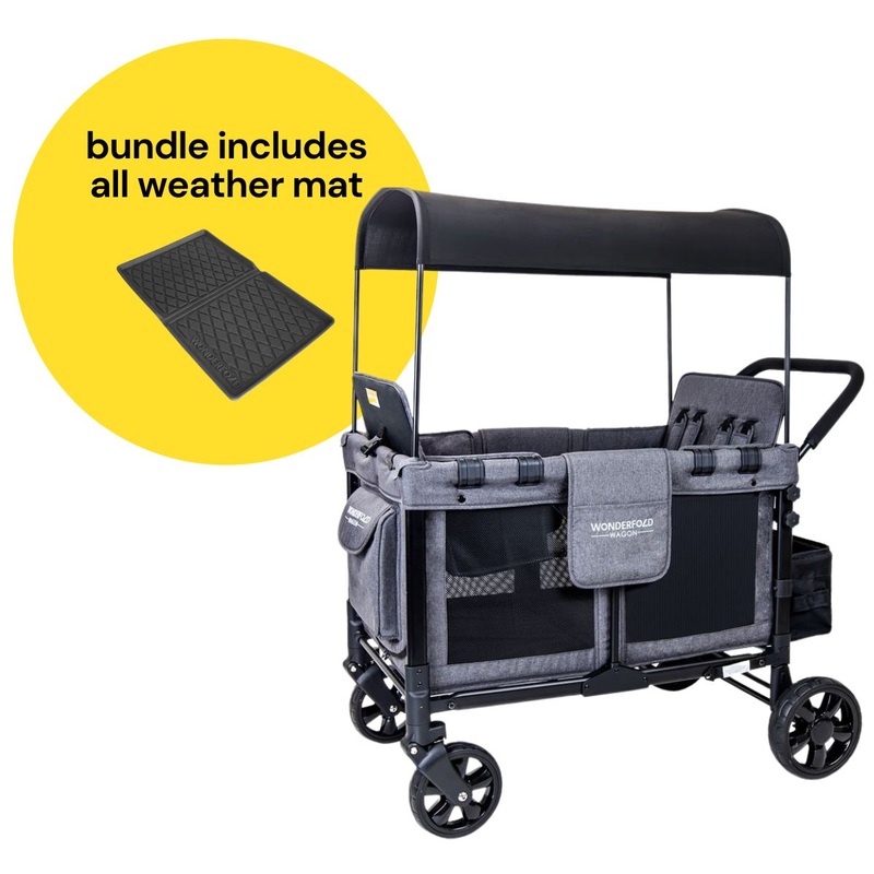 WonderFold W4 Original Quad (4 Seater) Stroller Wagon + All Weather Mat Bundle – Gray