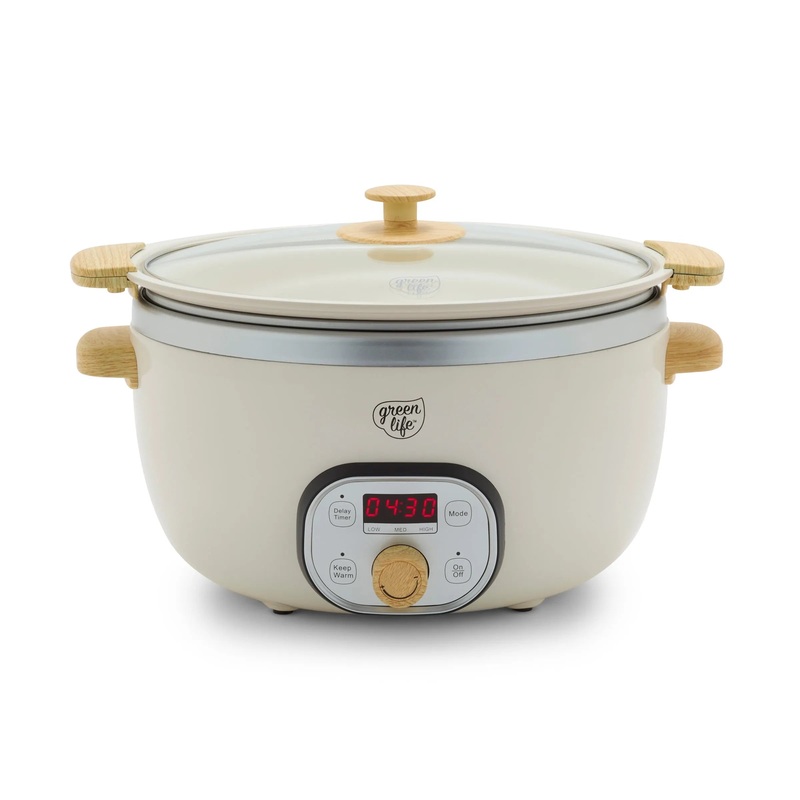GreenLife 6 Quart Non-Stick Family Meal Slow Cooker with Removable Pot – Cream (See Description)