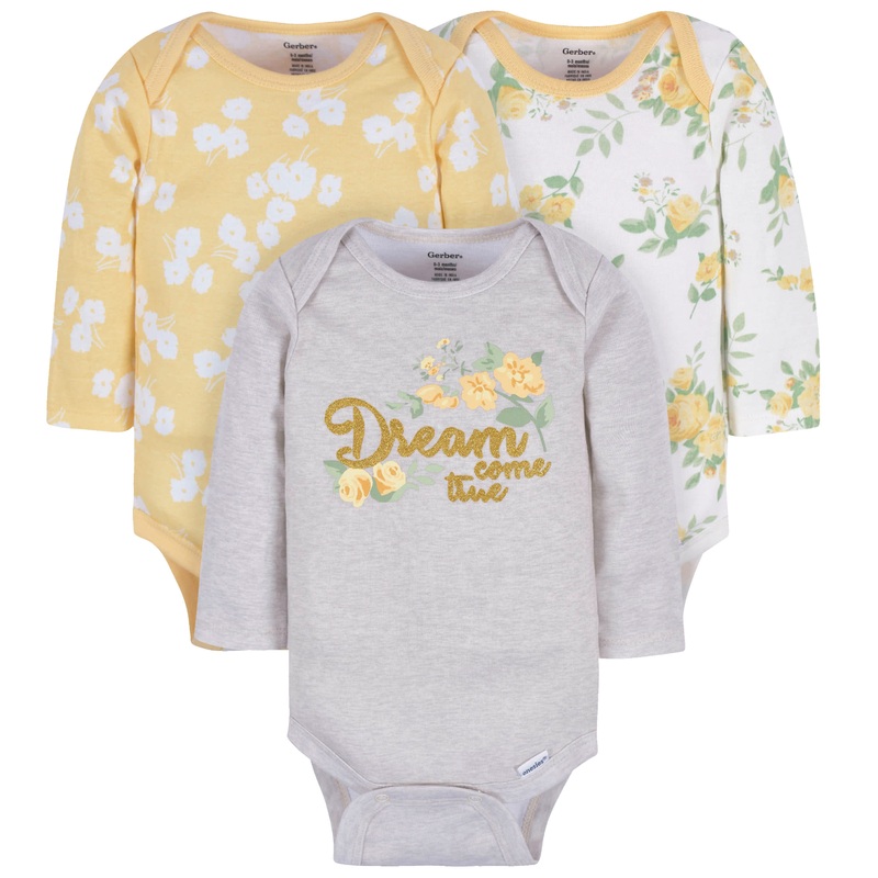 3-Pack Baby Girls Golden Flowers Long Sleeve Onesies Bodysuits