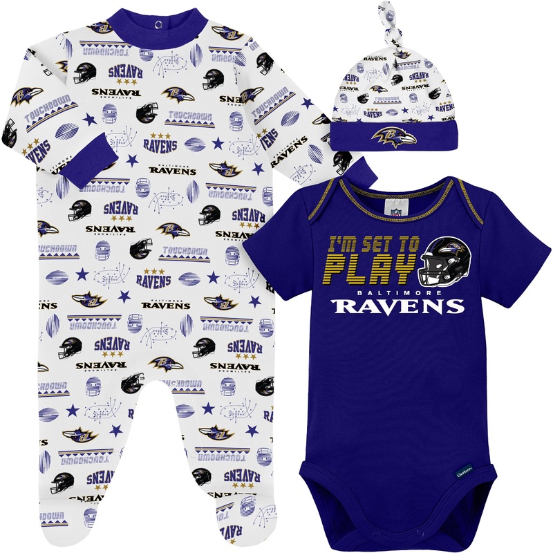 3-Piece Baby Boys Baltimore Ravens Bodysuit, Sleep ‘N Play, and Cap Set
