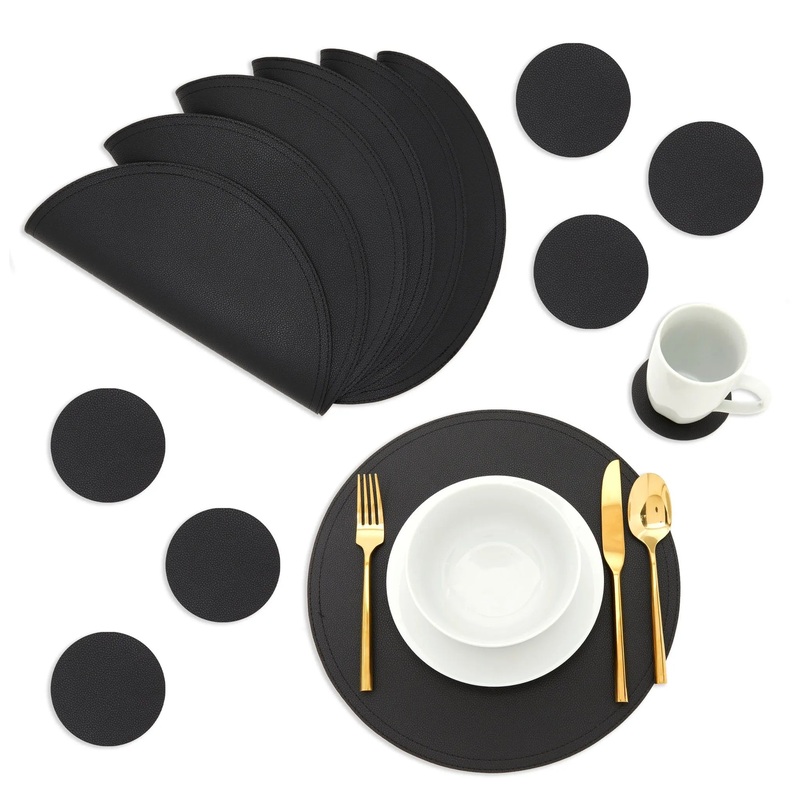 Juvale Set of 6 Black Faux Leather Round Placemats with Matching Coasters – Circle Table Mats for Dining, Kitchen, 13.4 Inch