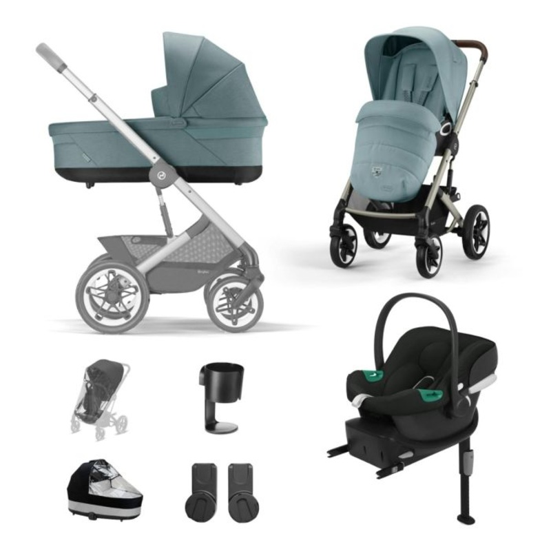 Cybex Talos S Lux Pushchair with Aton B2 Car Seat and Base 10 Piece Bundle – Sky Blue (Taupe Frame)