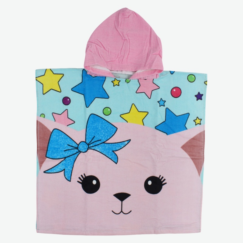 Girls Poncho Beach Towel with Hoodie – Pink with Cat Print