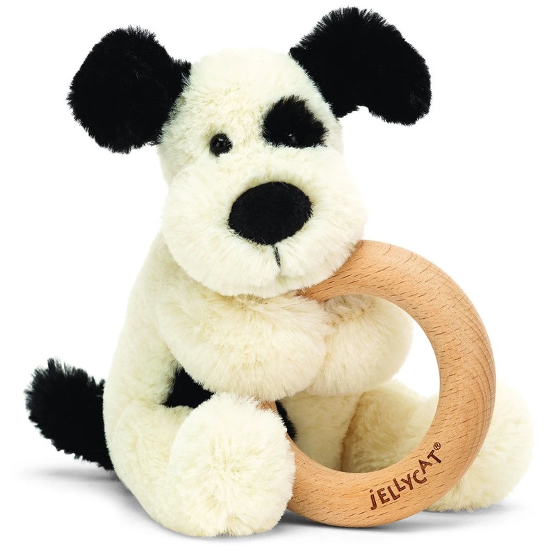 Jellycat Bashful Black & Cream Puppy Wooden Ring Toy