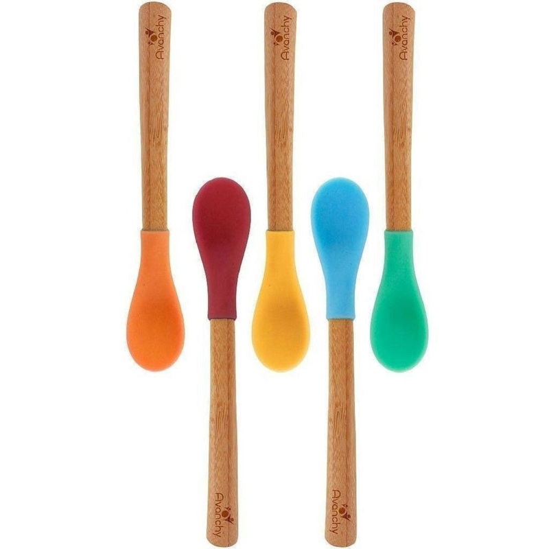 Bamboo & Silicone Infant Spoon Green Yellow Magenta Orange Blue 5 pack