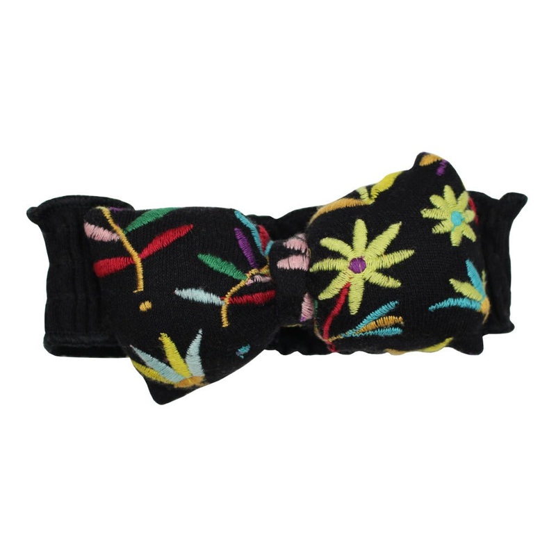 Embroidered Bowtie Headband Black Floral 0-12 months