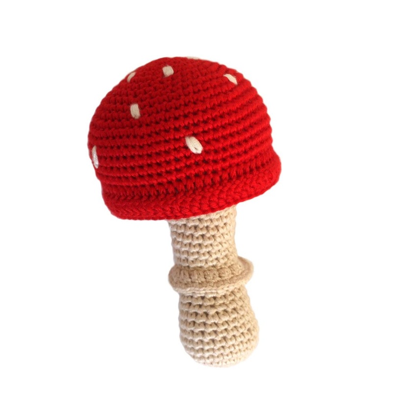 Handmade Bamboo Crochet Teething Rattle – Toadstool