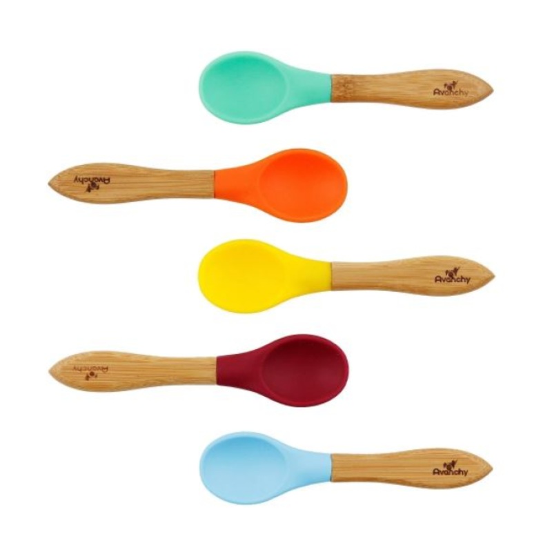 Bamboo & Silicone Baby Spoon Green Orange Yellow Magenta Blue 5 pack
