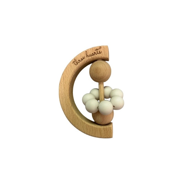 Moon Silicone & Beech Wood Teething Rattle – White Sand