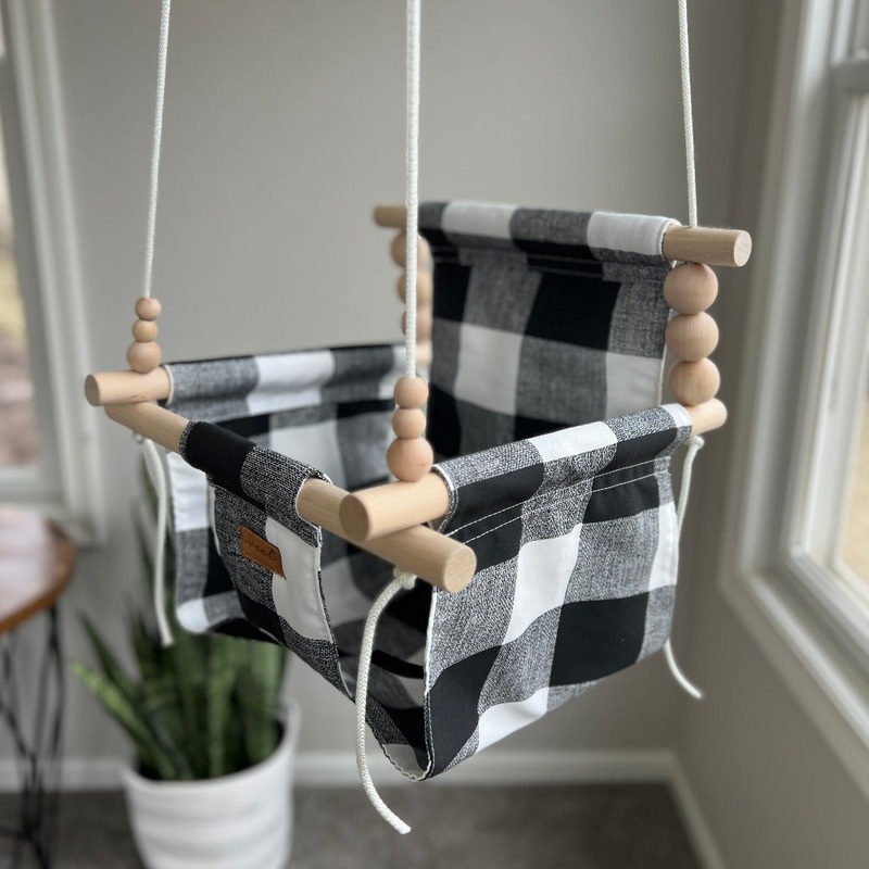 Indoor Baby/Child Swing – Black Buffalo Check 0 Braided White 8′