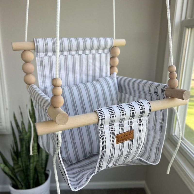 Indoor Baby/Child Swing – Wide Black Ticking Stripe 0 Braided White 8′
