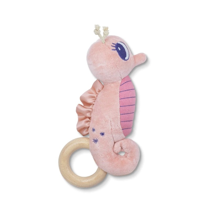 Organic Plush + Wood Teething Rattle – Pink Seahorse