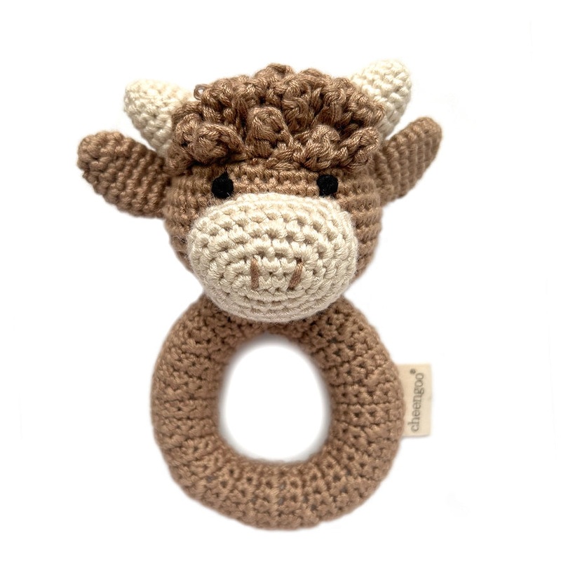 Handmade Crochet Teething Ring Rattle – Highland Cow