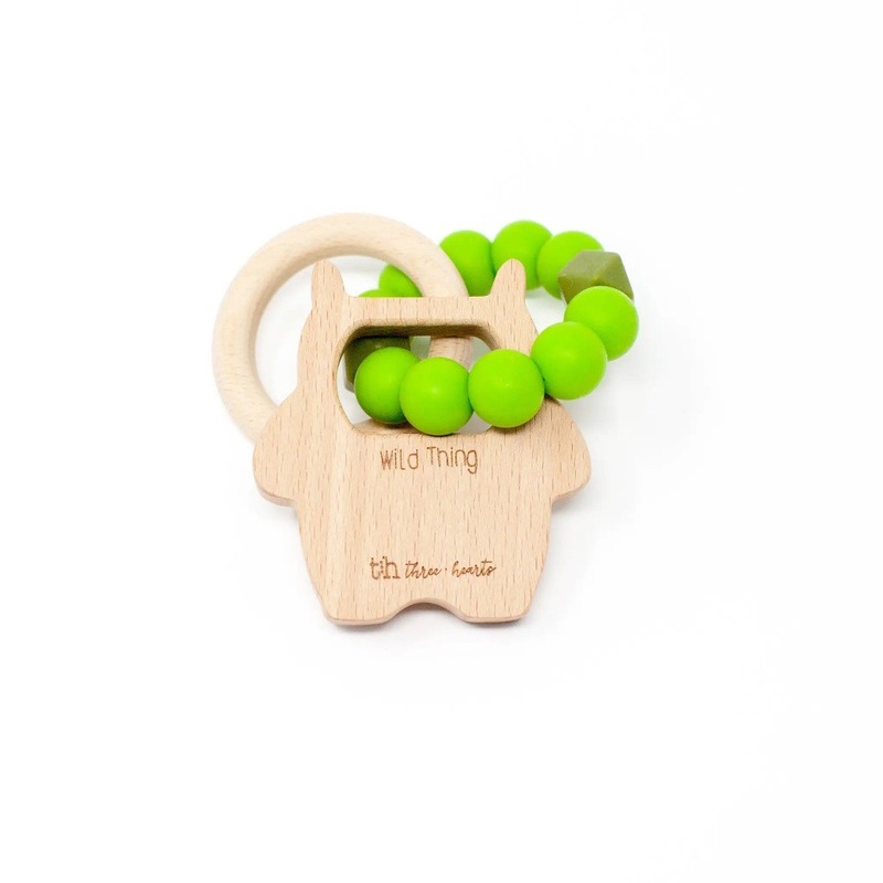 Wild Thing Silicone & Wood Teething Rattle Electric Green